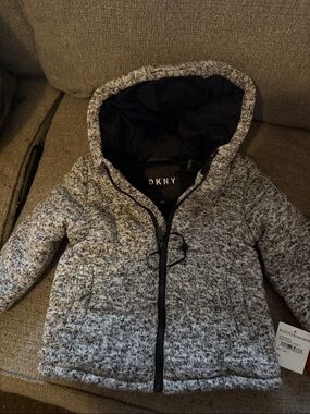 DKNY Gray Marled Hooded Knit Puffer Jacket